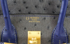 Birkin 25 Bag HSS Ostrich Gris Agate/Blue Sapphire Brushed Gold
