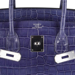 Birkin 35 Bag Blue Brighton Porosus Crocodile Palladium Hardware New