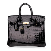 Birkin 25 Bag Black Crocodile Lisse Gold Hardware