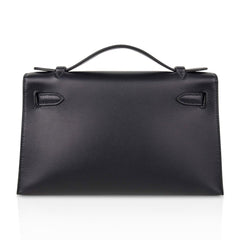 Kelly Pochette Bag Black Swift Leather with Gold Hardware
