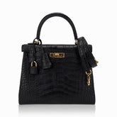 Kelly 25 Retourne Bag Black Matte Alligator with Gold Hardware