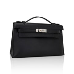 Kelly Pochette Clutch Bag Black Swift Leather with Palladium Hardware