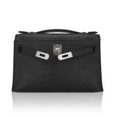 Kelly Pochette Clutch Bag Black Swift Leather with Palladium Hardware