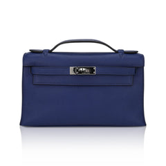 Kelly Pochette Clutch Bag Blue Sapphire Swift Leather with Palladium Hardware