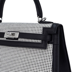 Kelly 25 Sellier Bag Quadrille Black & White Viking Toile Swift Leather with Palladium Hardware