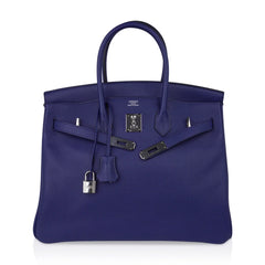 Limited Edition Birkin 35 Bag Blue Sapphire Taurillon Novillo Leather & Toile Sea Surf & Fun