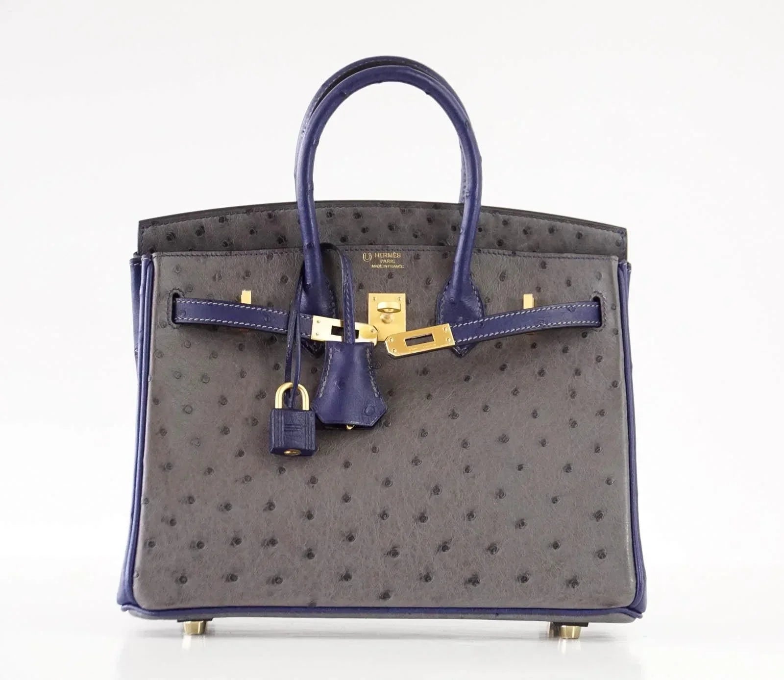 Birkin 25 Bag HSS Ostrich Gris Agate/Blue Sapphire Brushed Gold