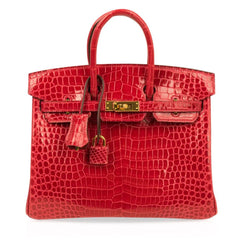 Birkin 25 Bag Red Braise Porosus Crocodile Gold Hardware Lipstick Red