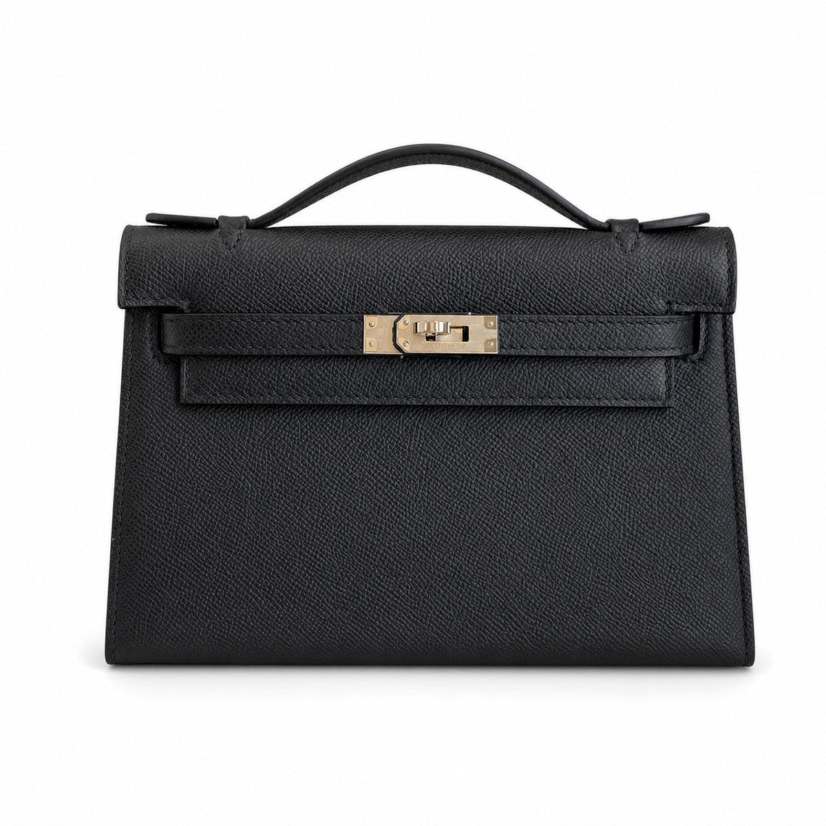 First generation handbag evening bag Kelly 22cm Epsom leather black silver buckle wax thread