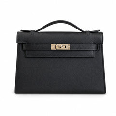 First generation handbag evening bag Kelly 22cm Epsom leather black silver buckle wax thread