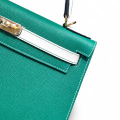 Kelly 28cm Epsom leather U4 Vert Vertigo velvet green with 10 Craie milkshake white top handcraft! Counter quality!