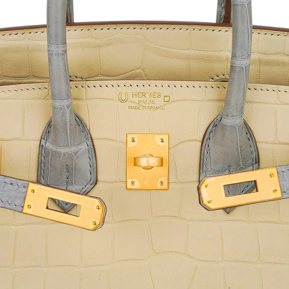 Special Order HSS Birkin 25 Bag in Matte Alligator Vanille and Gris Pearl Alligator with Brushed Gold Hardware