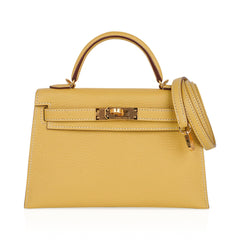 Mini Kelly 20 Sellier Jaune Foin Bag Chevre Gold