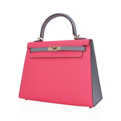 Kelly Sellier 25 HSS Bag Rose Azalee/Gris Mouette Leather Permabrass