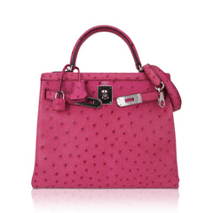 Kelly 25 Retourne Bag Fuchsia Ostrich with Palladium Hardware