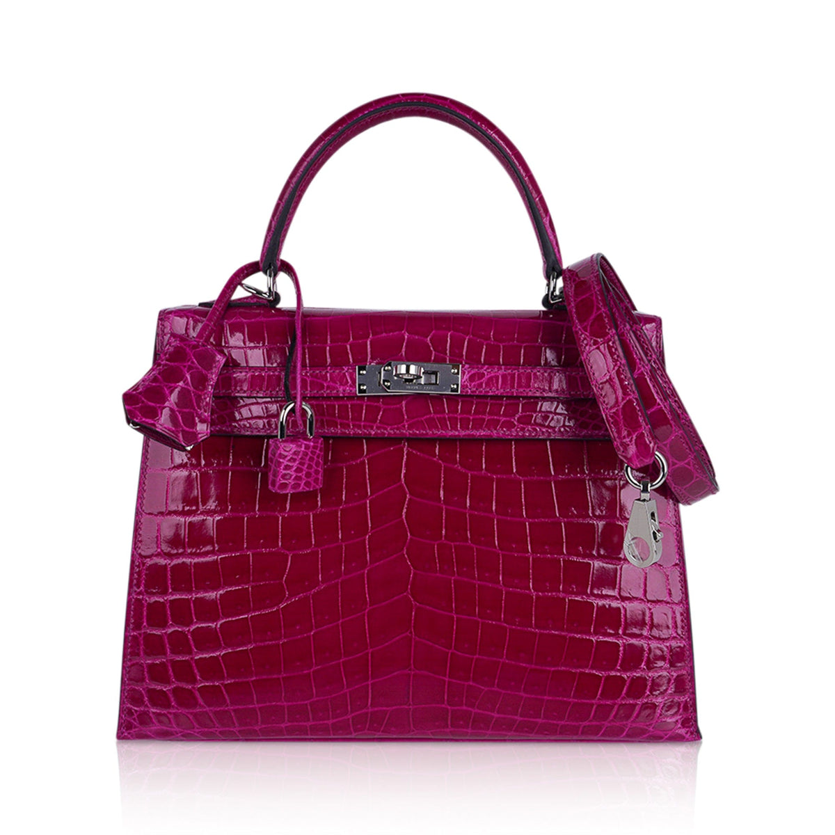 Kelly 25 Sellier Bag Rose Pourpre Crocodile with Palladium Hardware