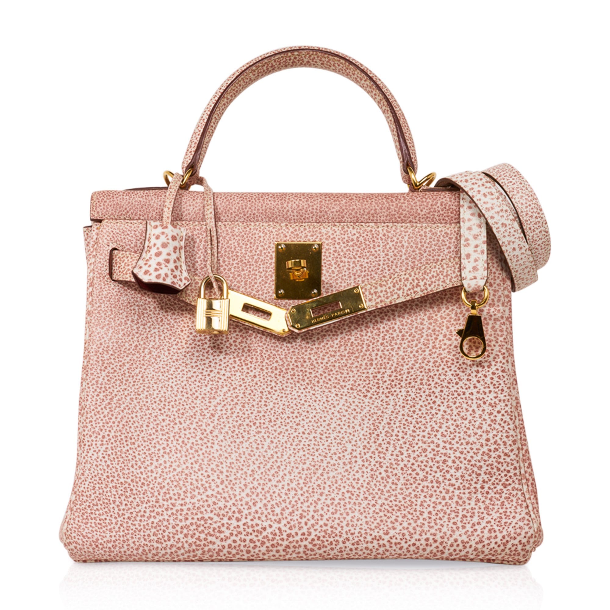 Kelly 28 Pink Dalmation Buffalo Skipper Leather Bag Gold Hardware
