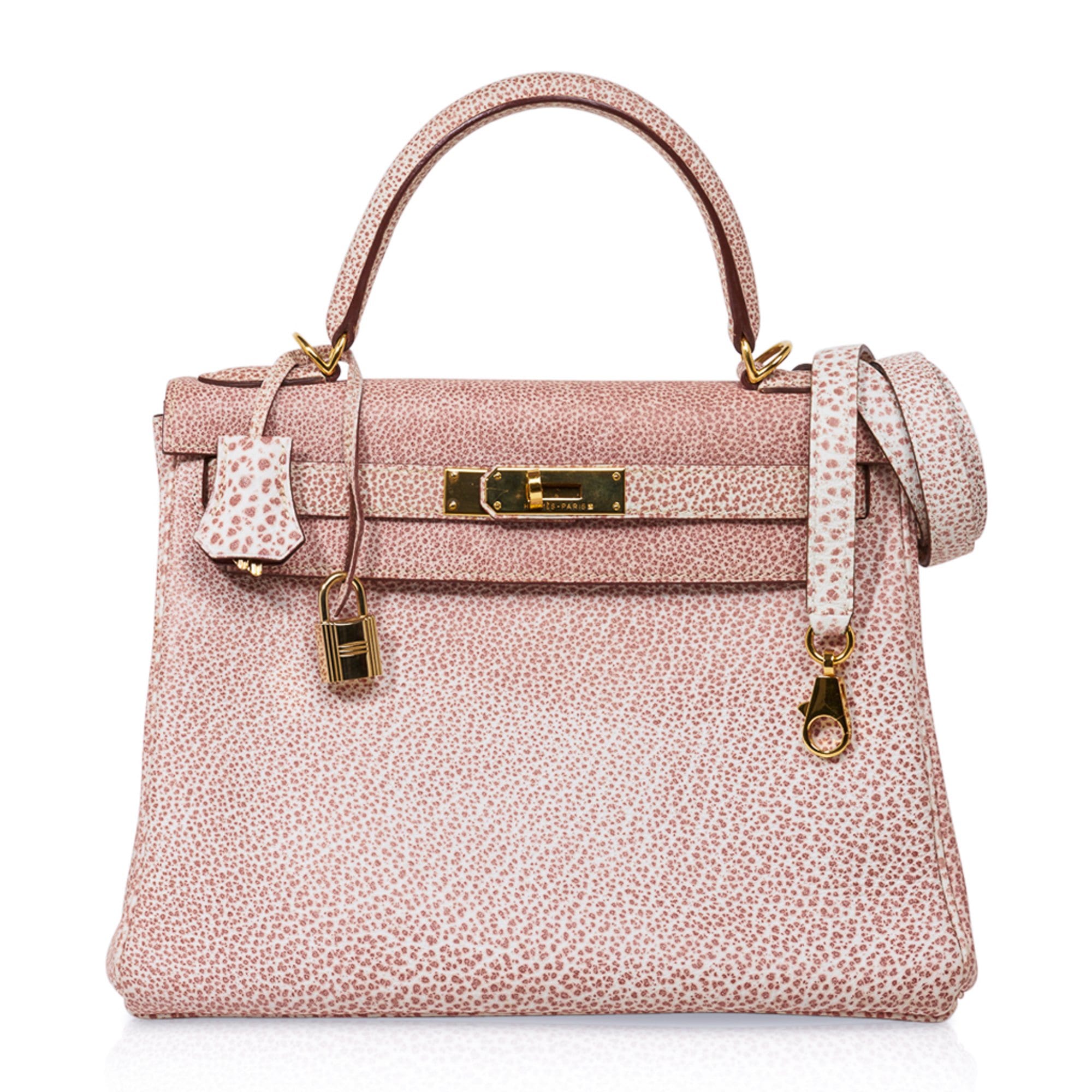 Kelly 28 Pink Dalmation Buffalo Skipper Leather Bag Gold Hardware