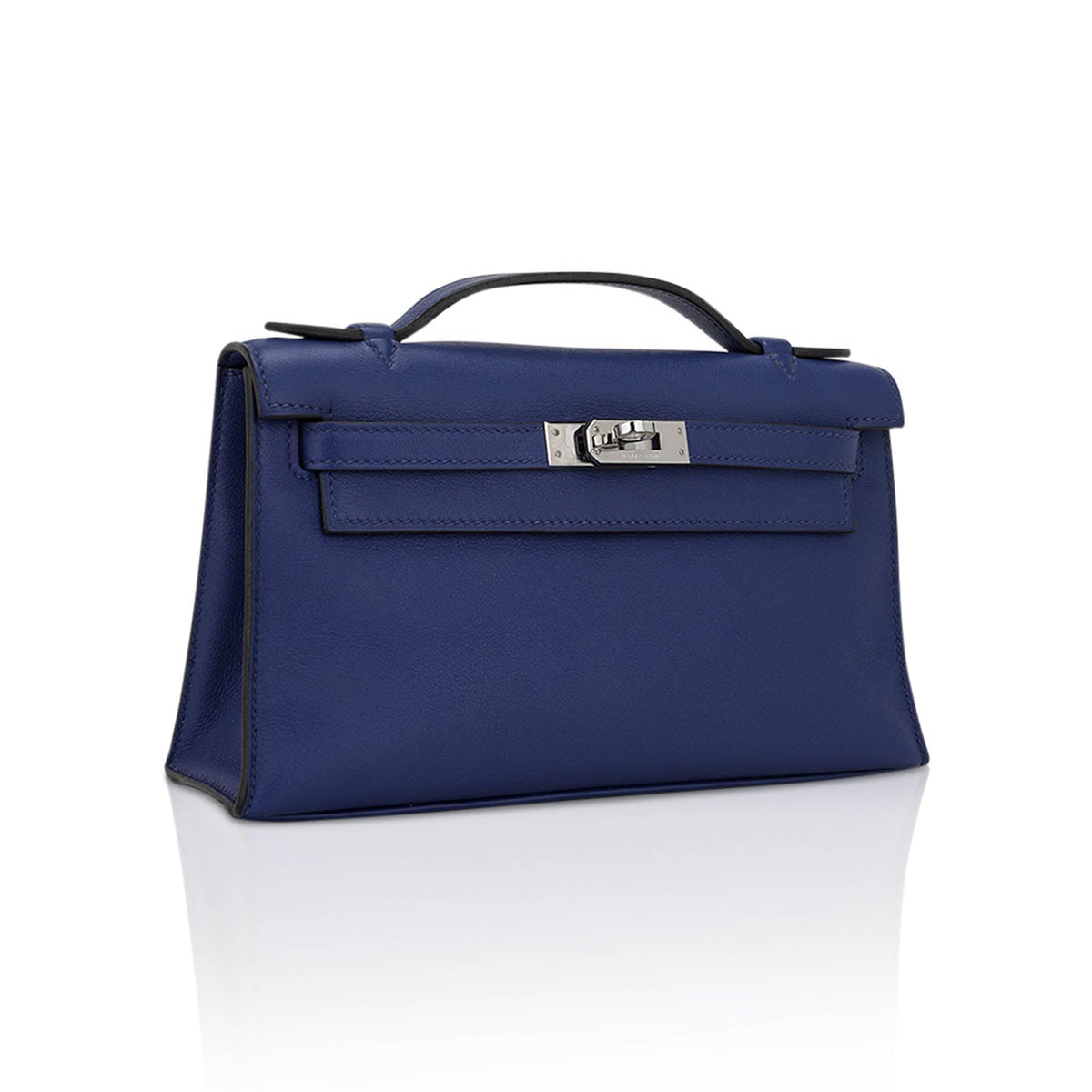 Kelly Pochette Clutch Bag Blue Sapphire Swift Leather with Palladium Hardware