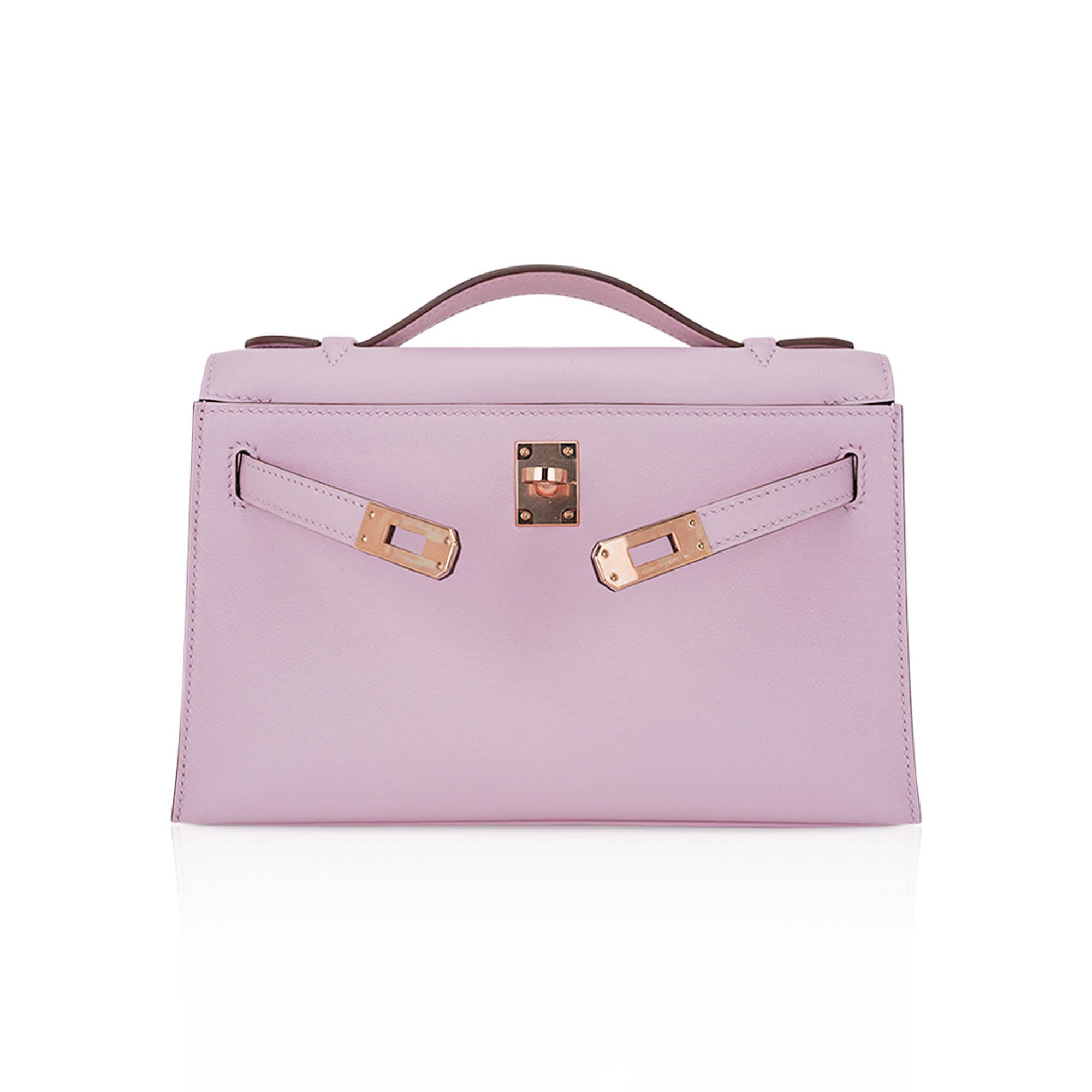 Kelly Pochette Clutch Bag Mauve Sylvestre Swift Leather with Rose Gold Hardware