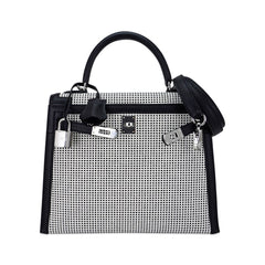 Kelly 25 Sellier Bag Quadrille Black & White Viking Toile Swift Leather with Palladium Hardware