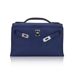 Kelly Pochette Clutch Bag Blue Sapphire Swift Leather with Palladium Hardware