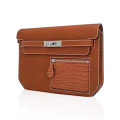 Kelly Depeches Touch Pouch 25 Bag Fauve Barenia Faubourg Leather and Gold Matte Alligator with Palladium Hardware