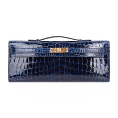 Kelly Cut Blue Sapphire Crocodile Clutch Bag Gold Hardware
